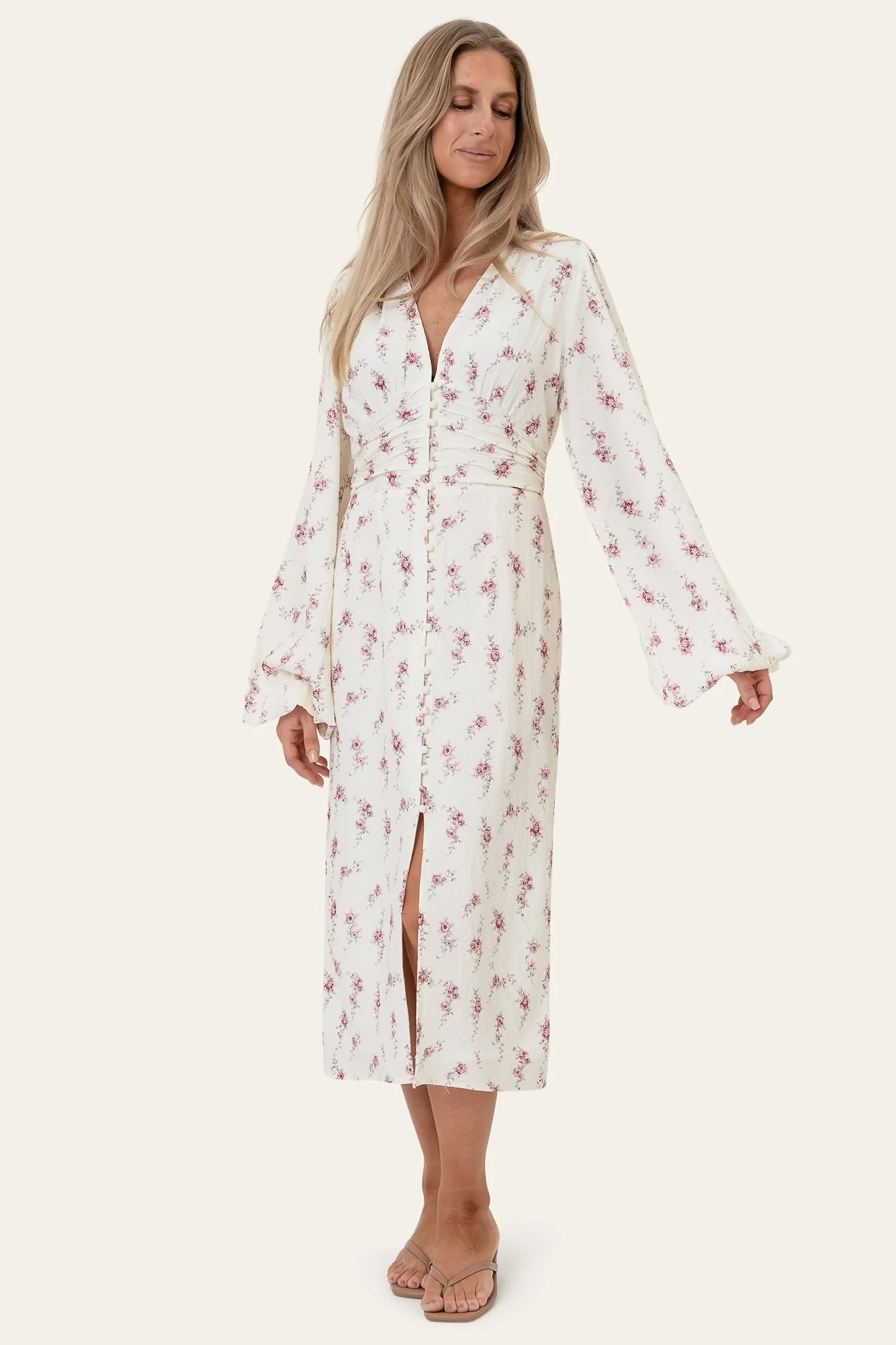 AdaIC Long Dress - Off White Vintage Rose