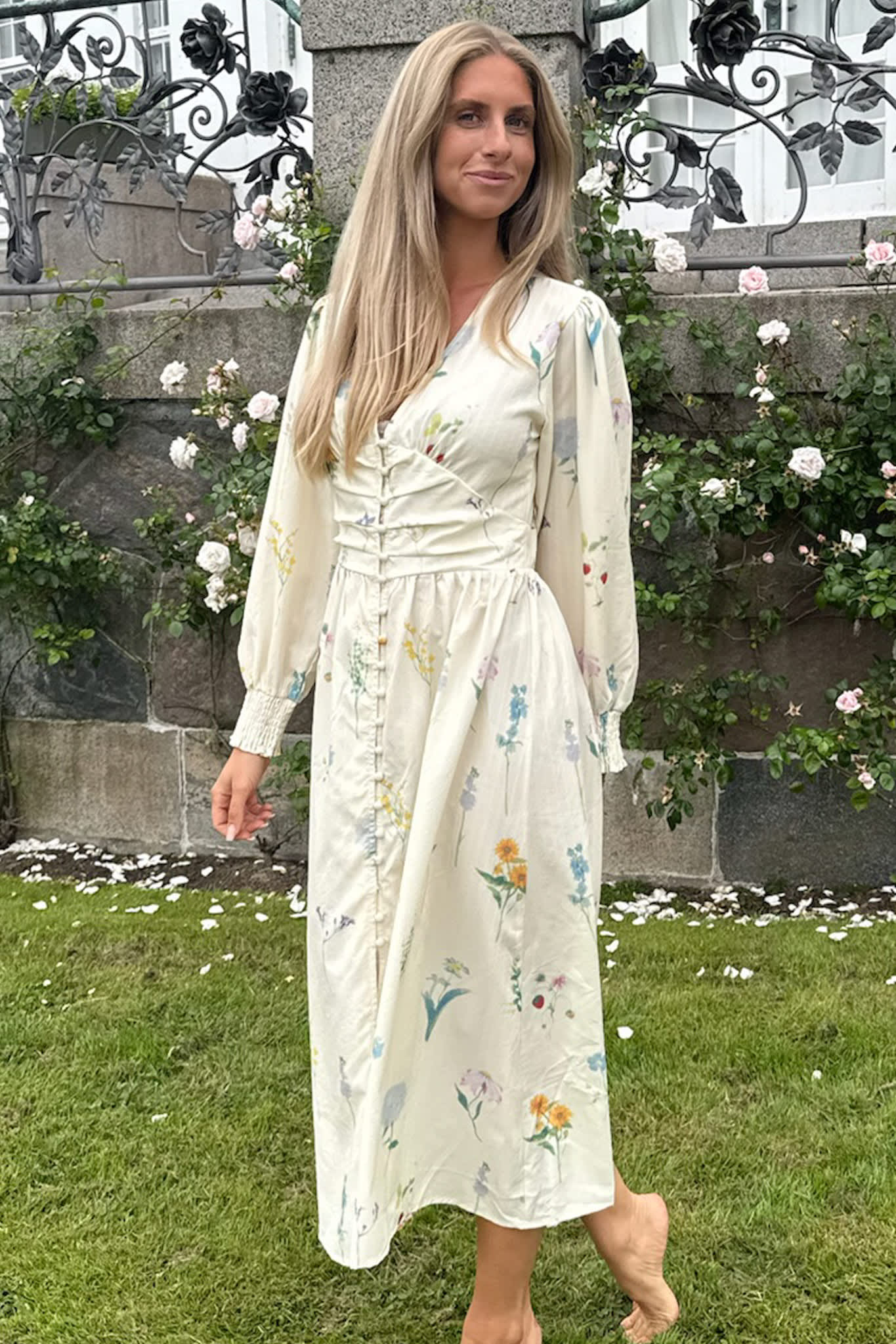 AdelIC Long Dress - Off White Flower Print - Image 3