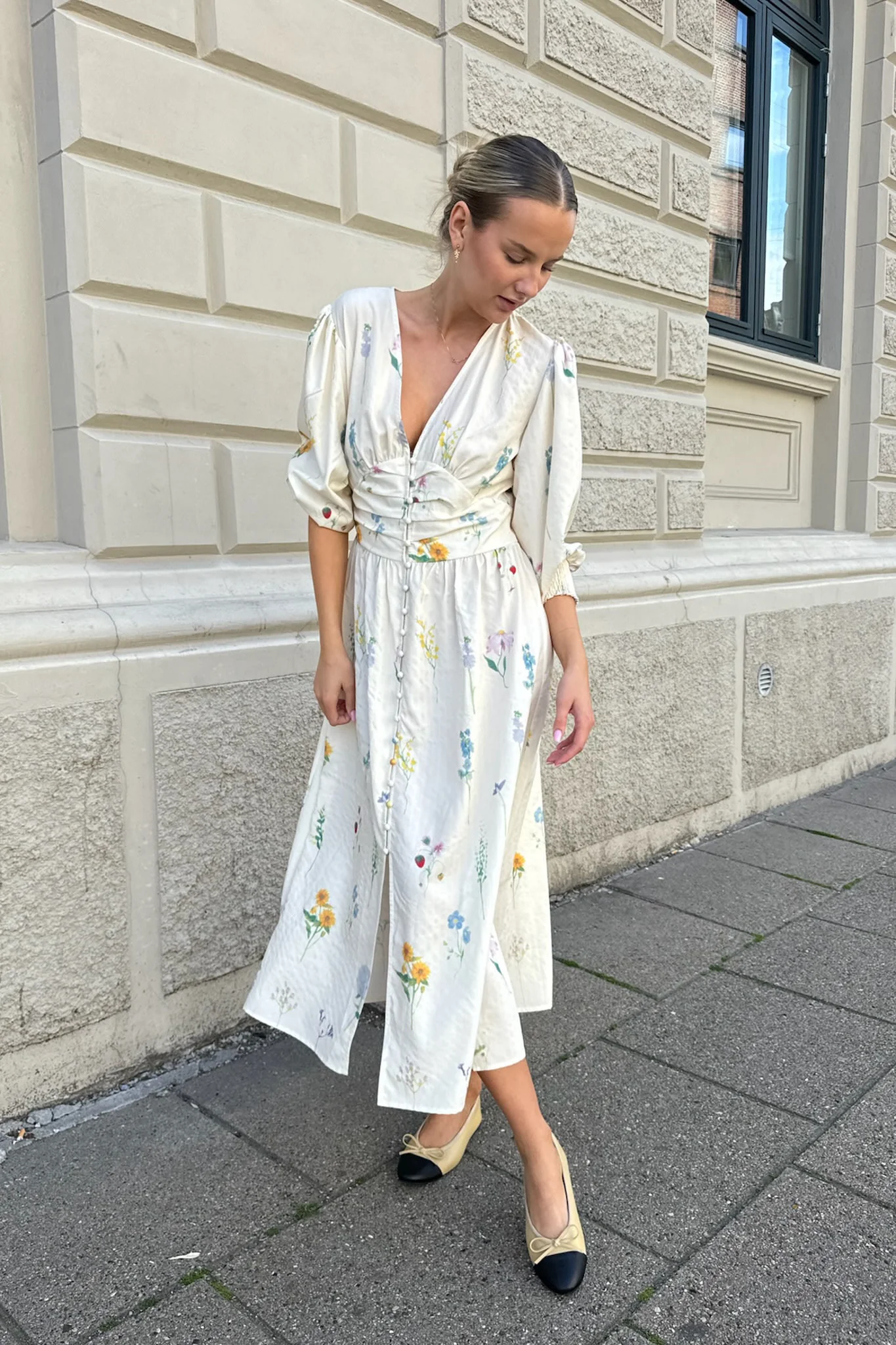 AdelIC Long Dress - Off White Flower Print - Image 9