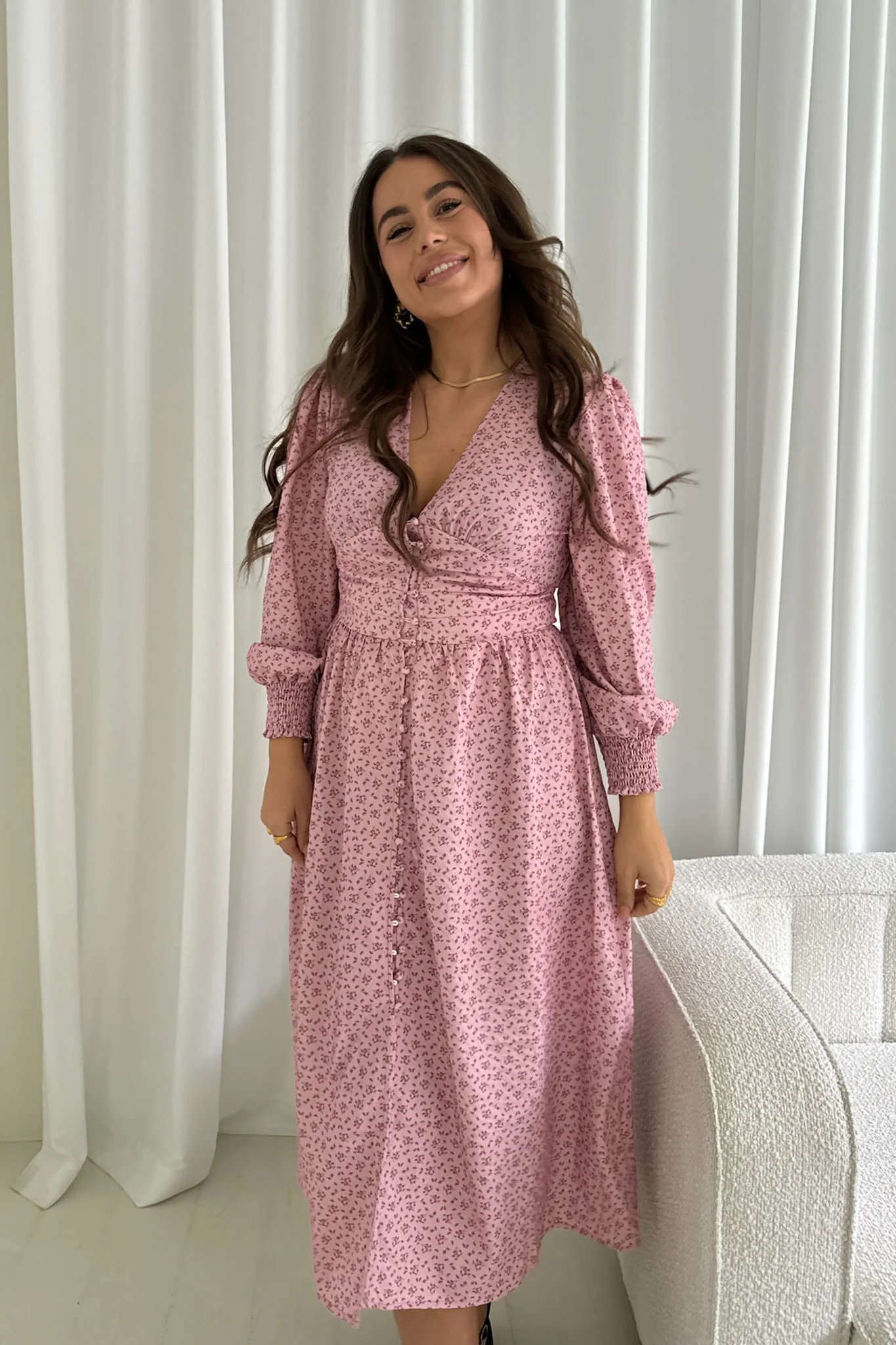 AdelIC Long Dress - Pink Flower Stem Print - Image 3