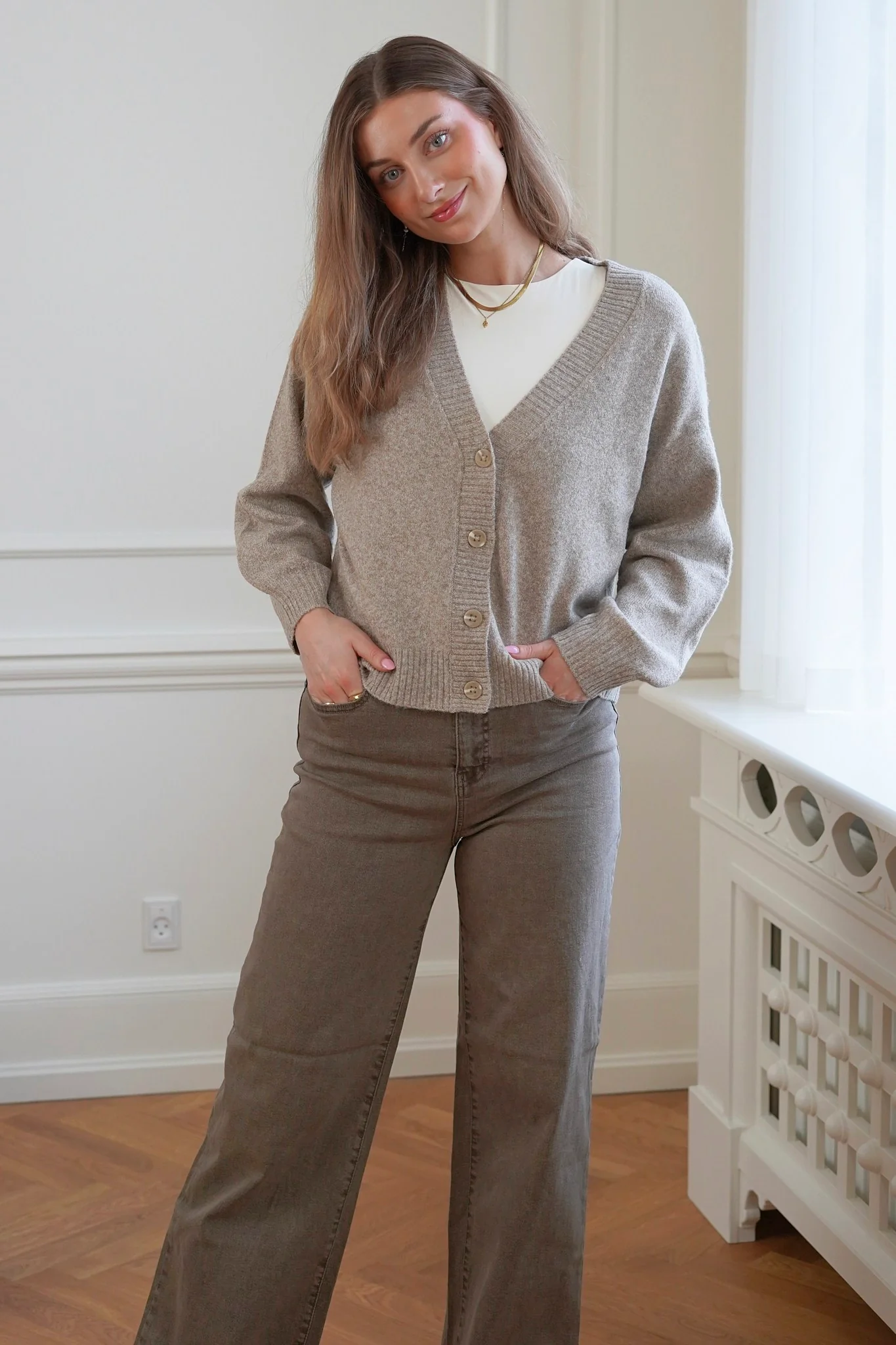 VMDoffy LS Vneck Button Cardigan - Sepia Tint Melange - Image 2