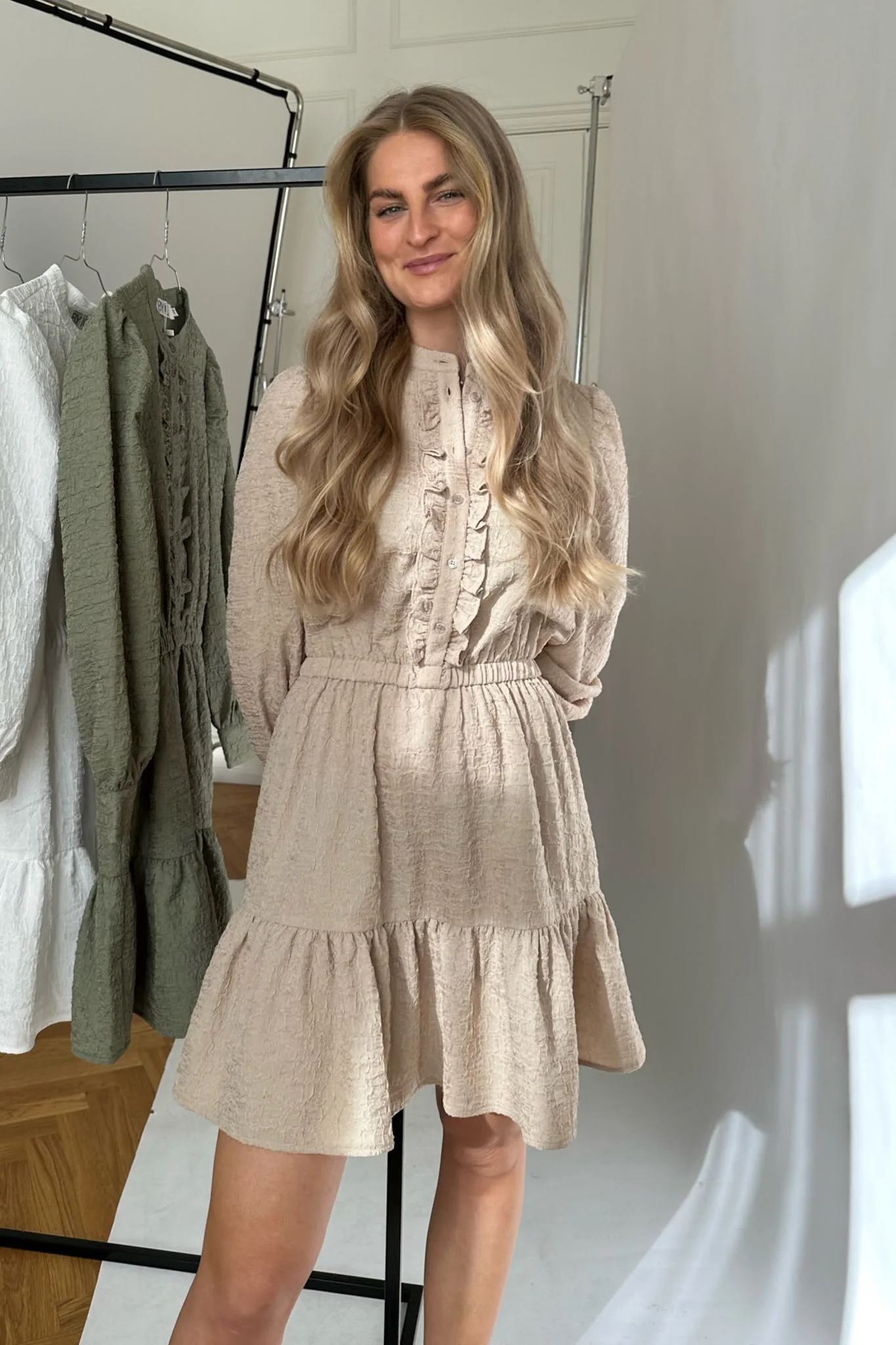 ElieaIC Ruffle Dress - Beige - Image 3