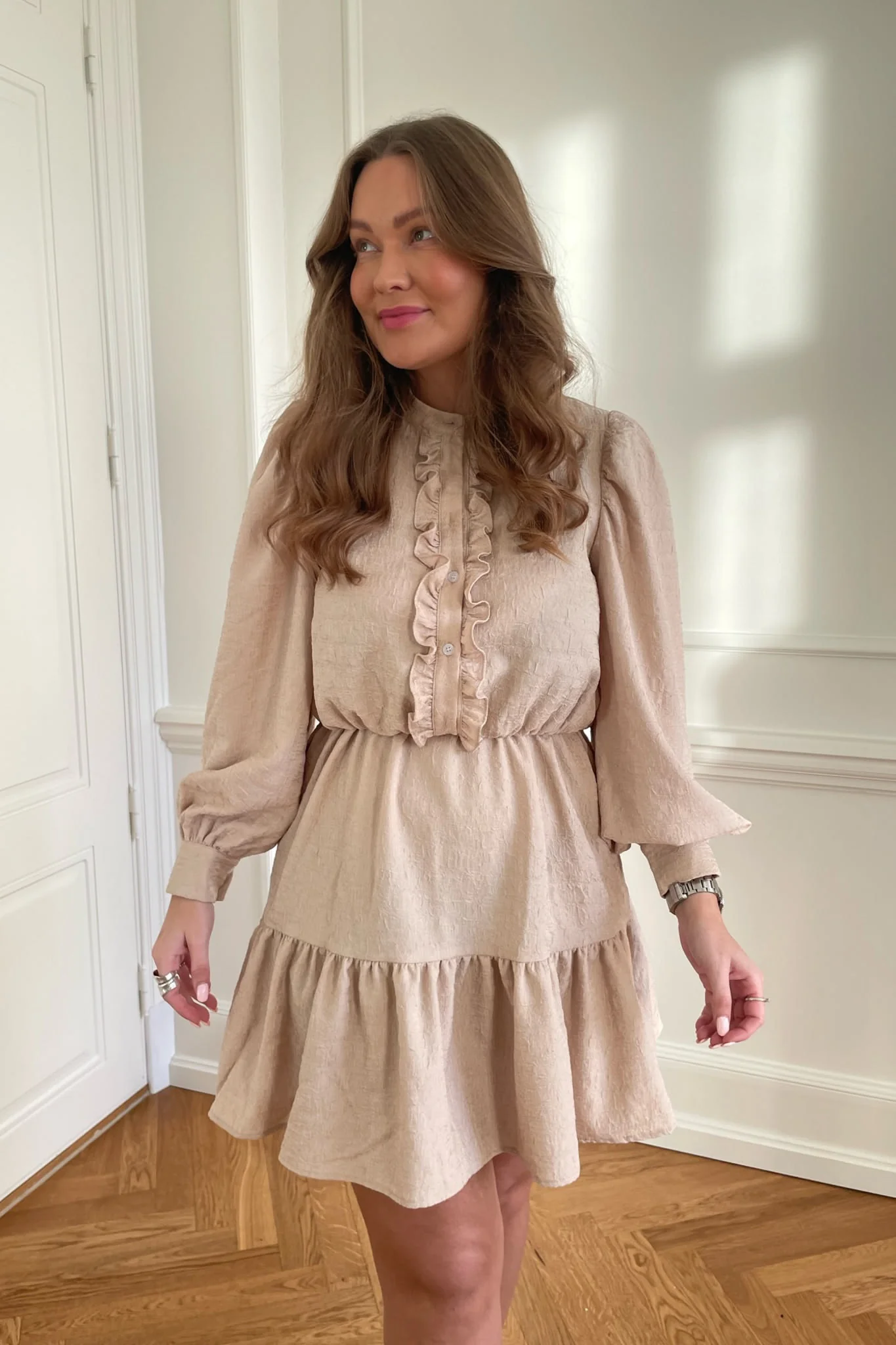 ElieaIC Ruffle Dress - Beige - Image 5