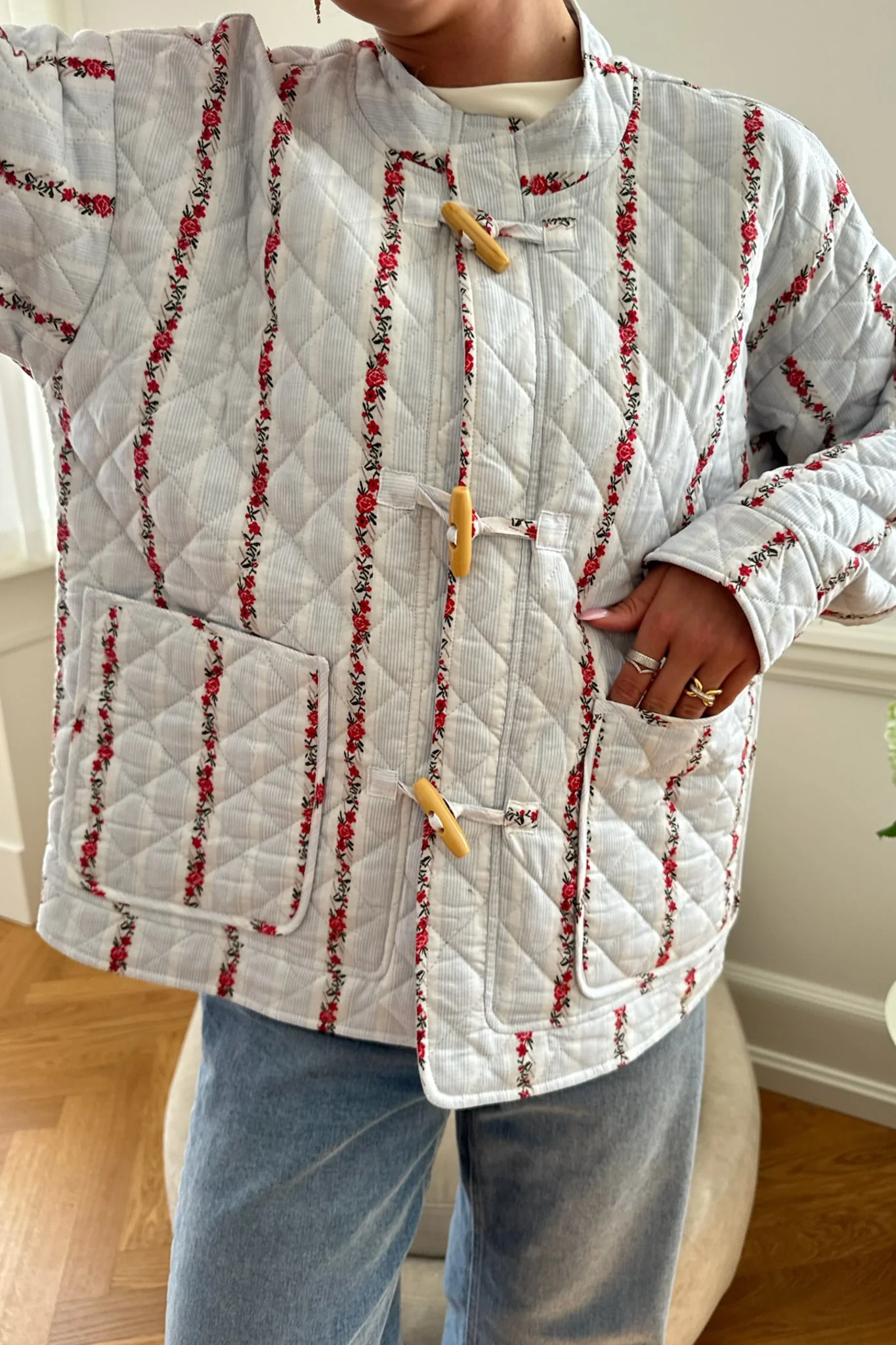 EmmaIC Quilted Jacket - Blue Red Flower Stripe - Image 15