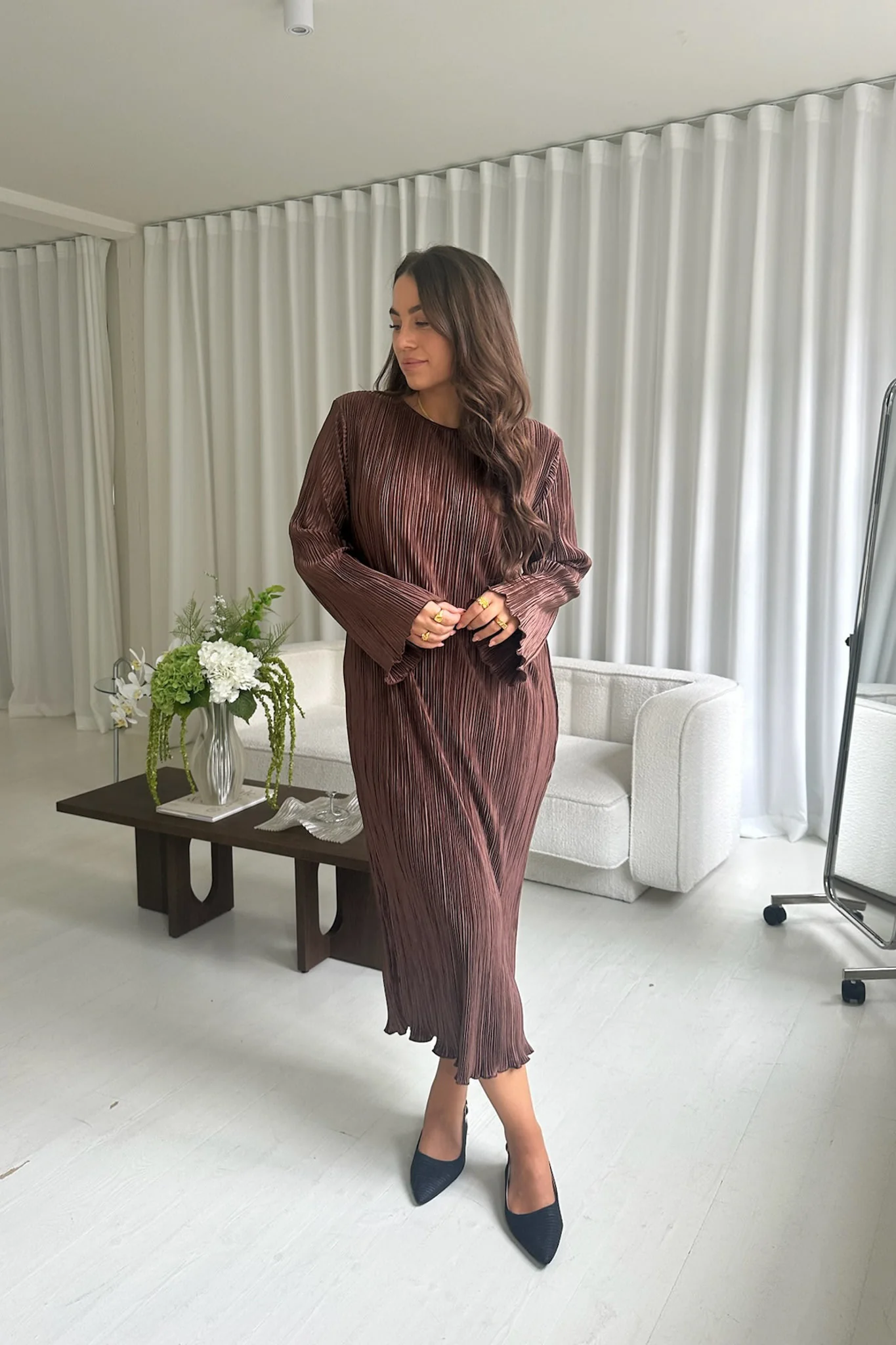 KellyIC Long Plissé Dress - Brown