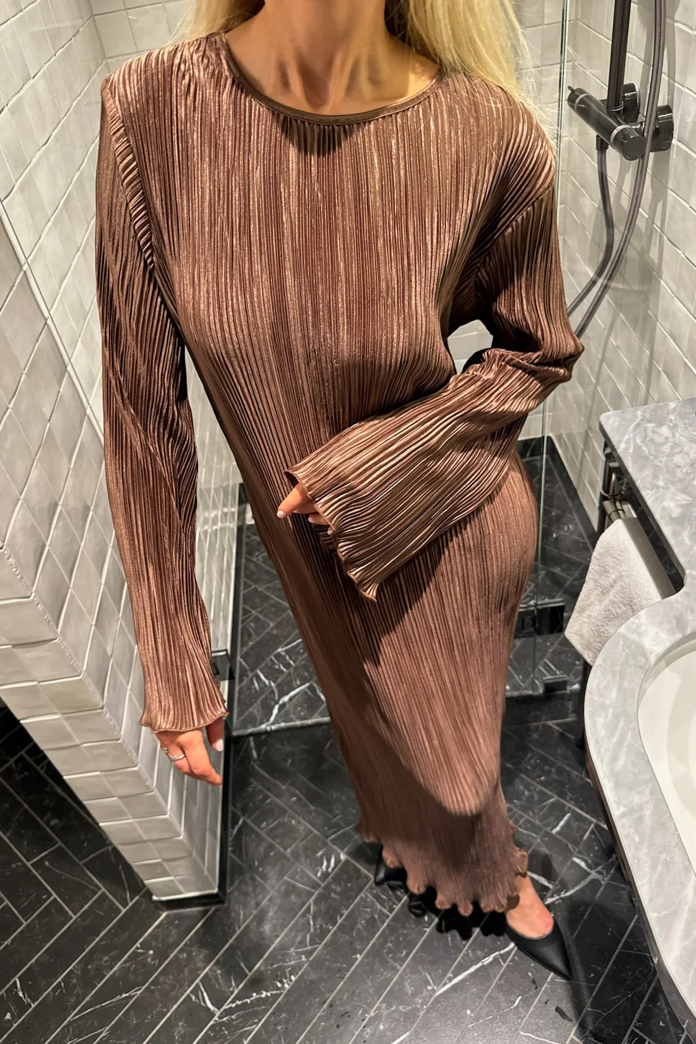 KellyIC Long Plissé Dress - Brown - Image 4