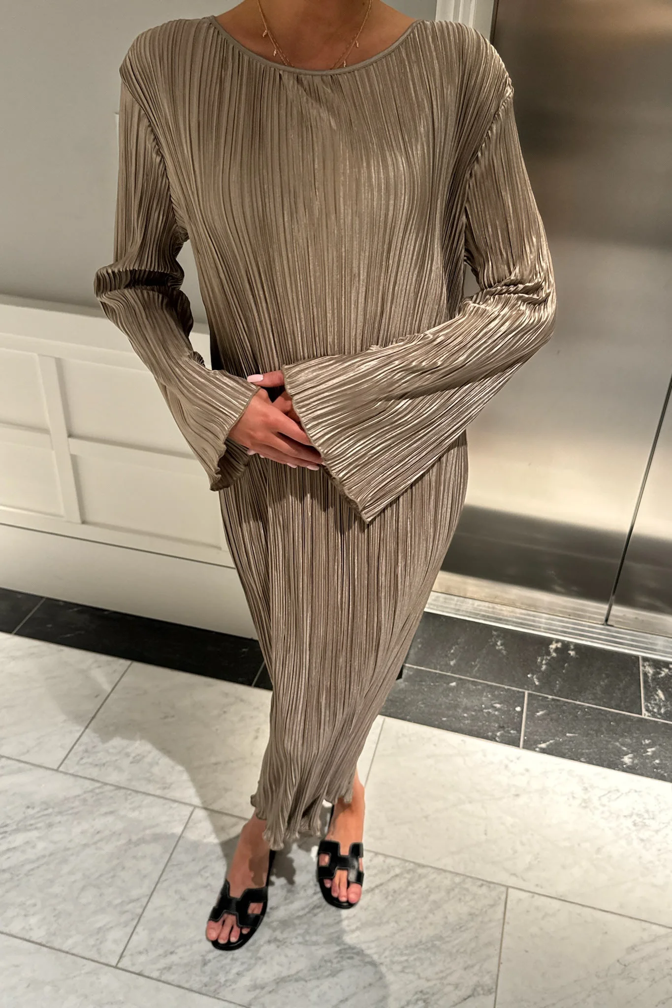KellyIC Long Plissé Dress - Light Brown - Image 7