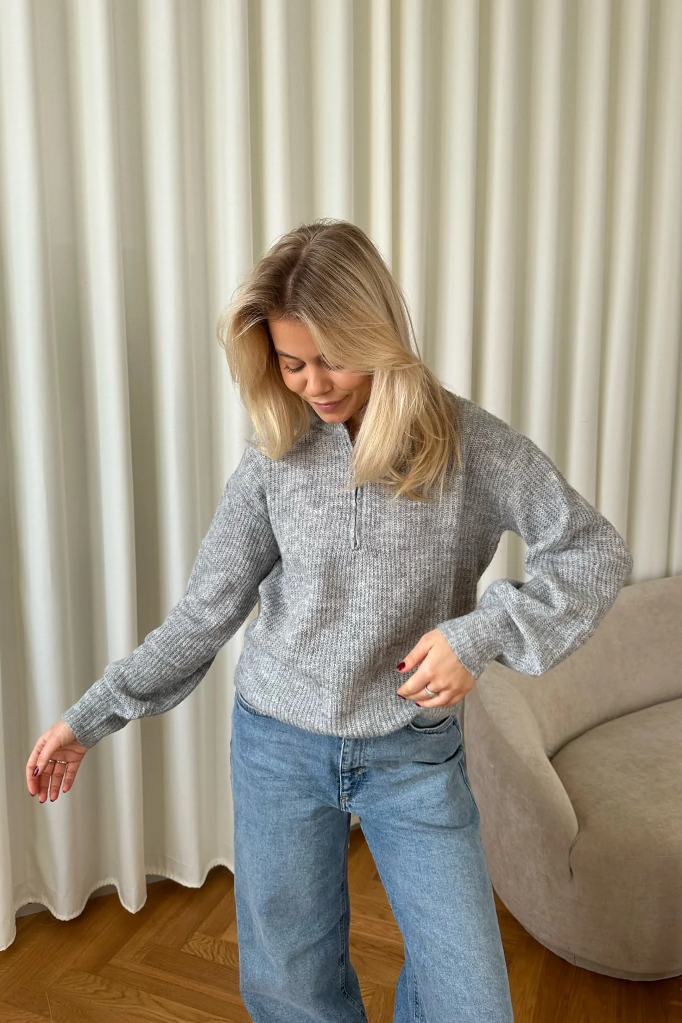 VMMili LS Zipper Pullover - Light Grey Melange