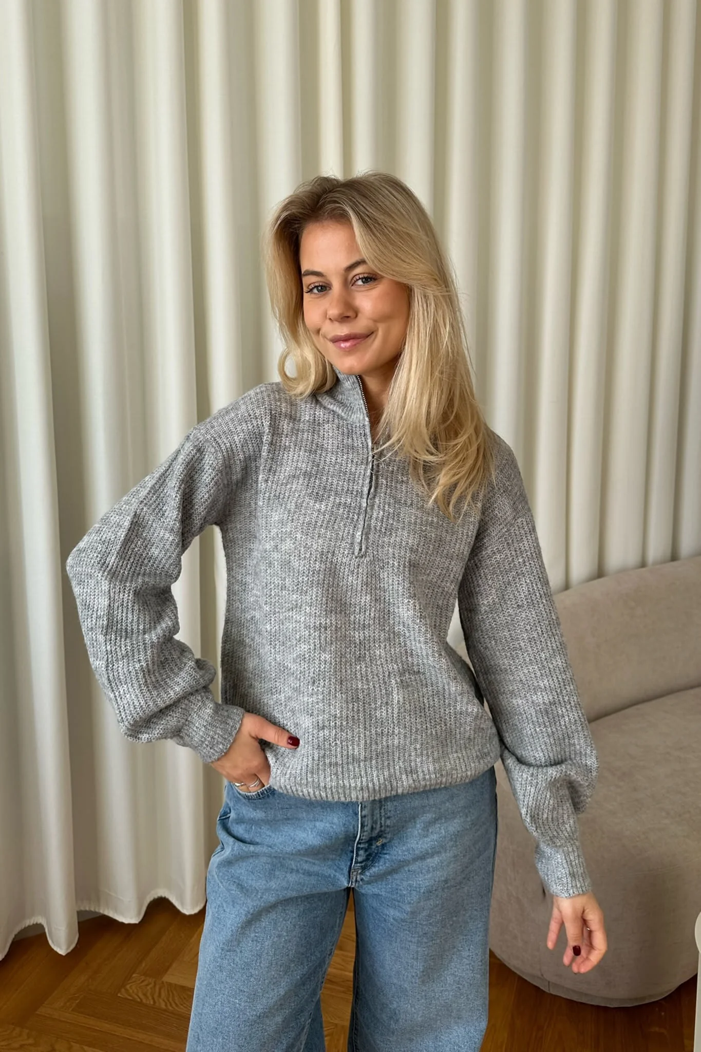VMMili LS Zipper Pullover - Light Grey Melange - Image 2