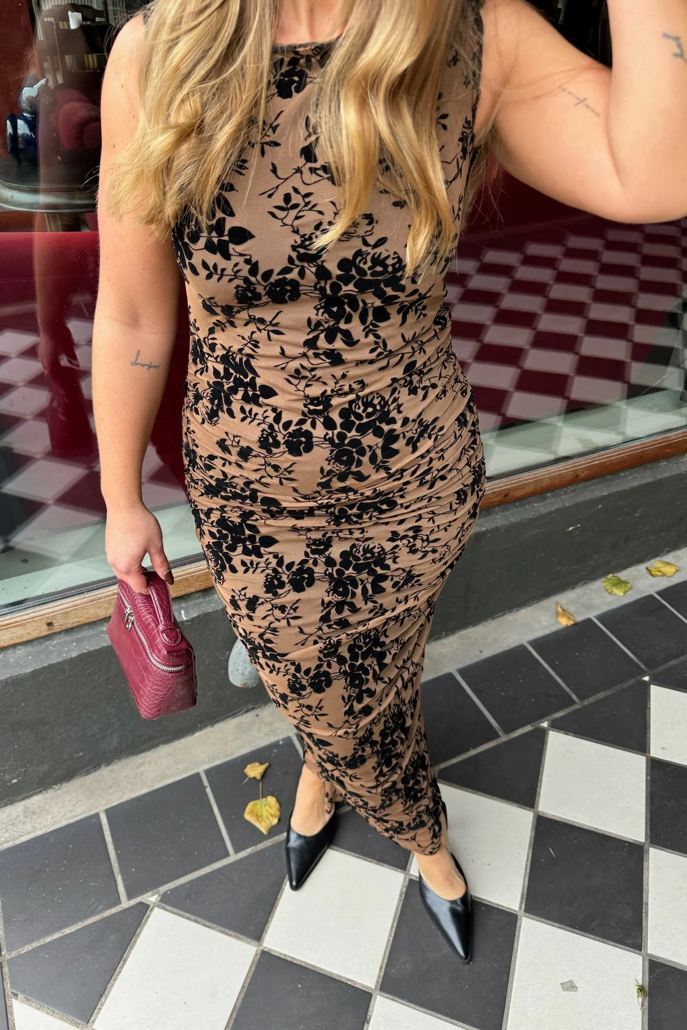 MiraIC Mesh Dress - Beige Black Flower Print - Image 3