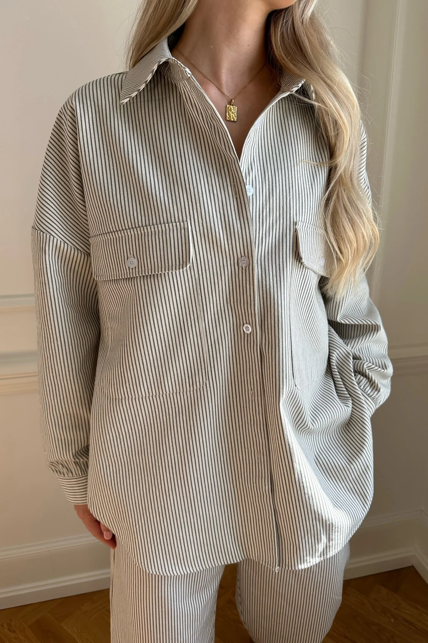 NannaIC Oversized Shirt - Dark Beige Woven Stripe - Image 6