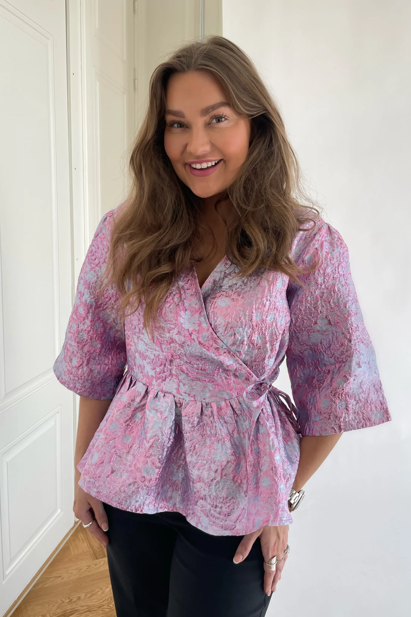 Noella Neva Jacquard Wrap Blouse - Lilac Jacquard - Image 4