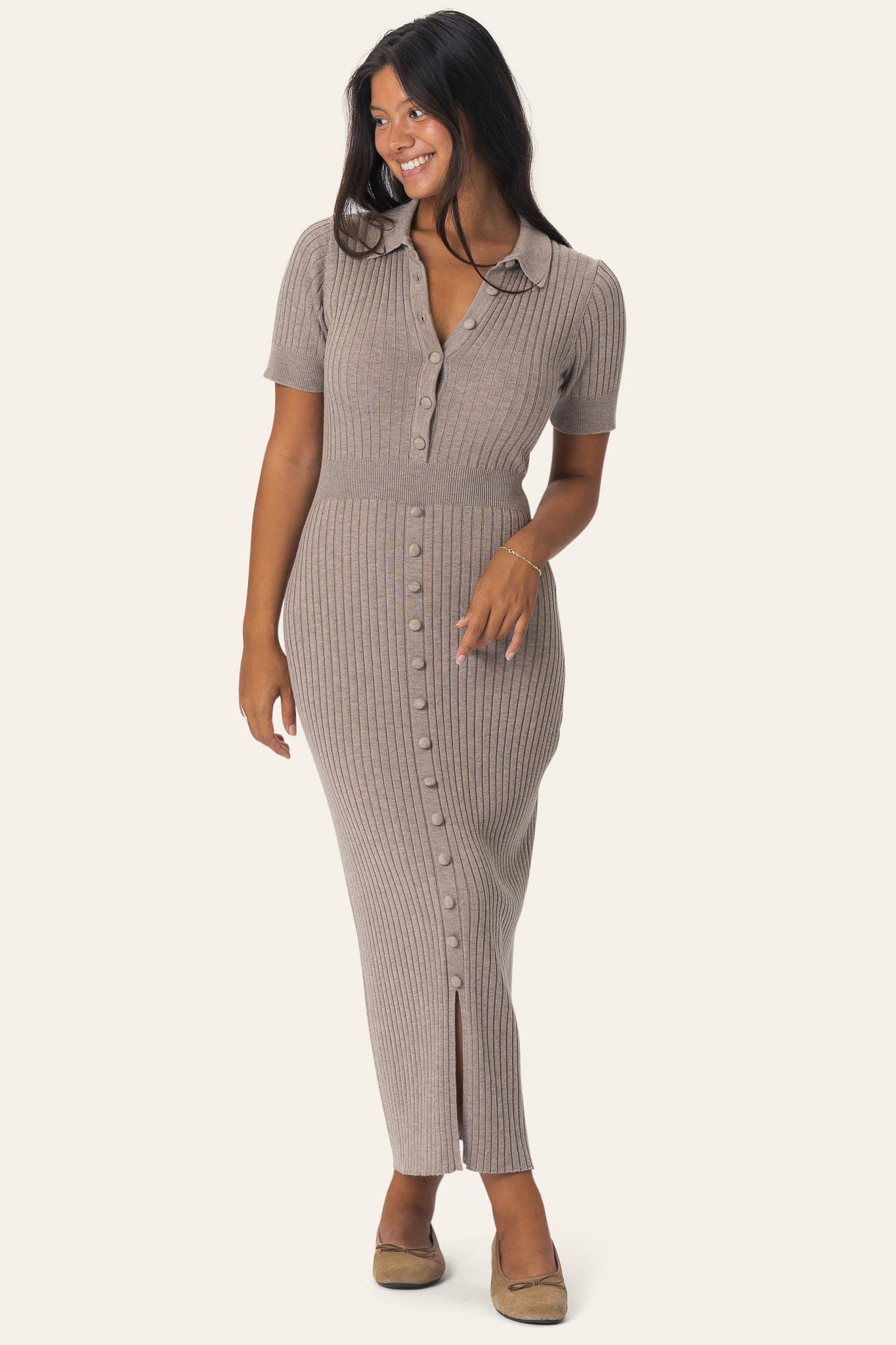 OdetteIC Long SS Dress - Light Brown