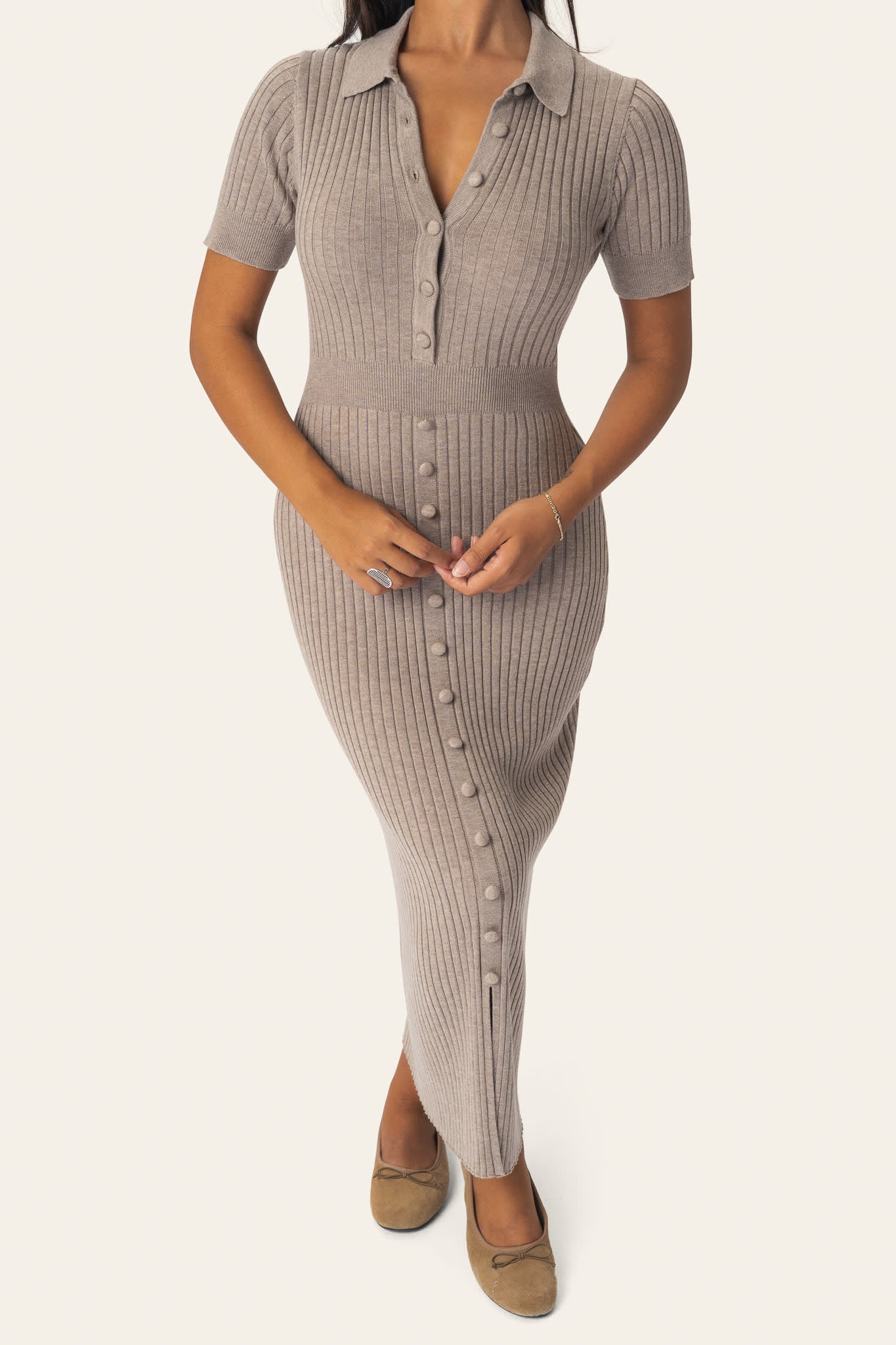 OdetteIC Long SS Dress - Light Brown - Image 4