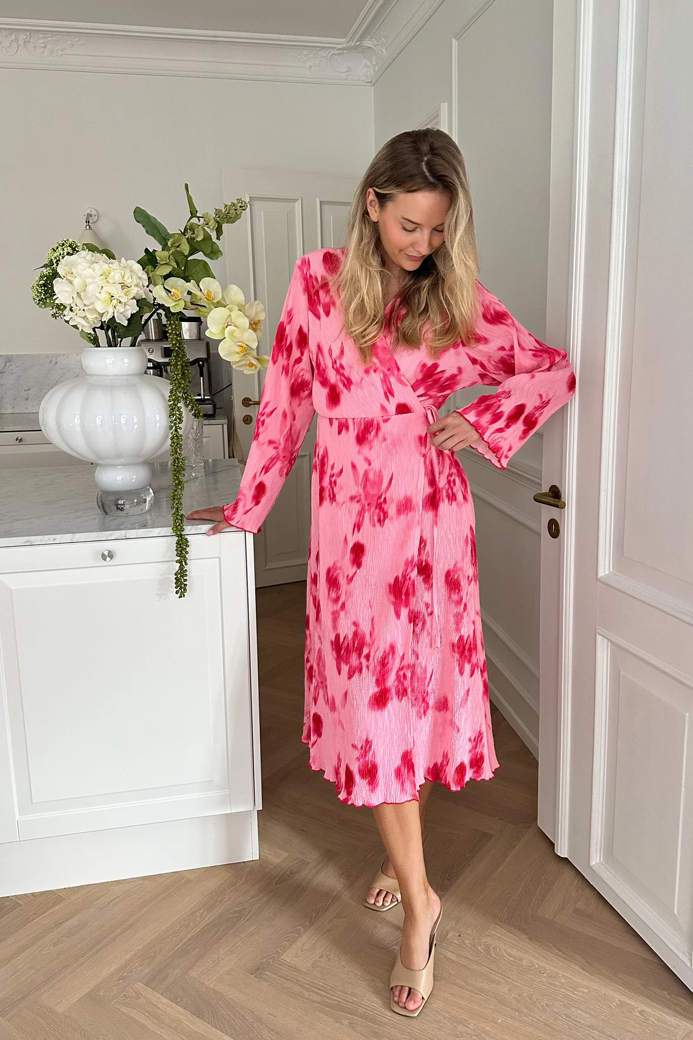 OfeliaIC Long Wrap Dress - Abstract Pink Flower Print