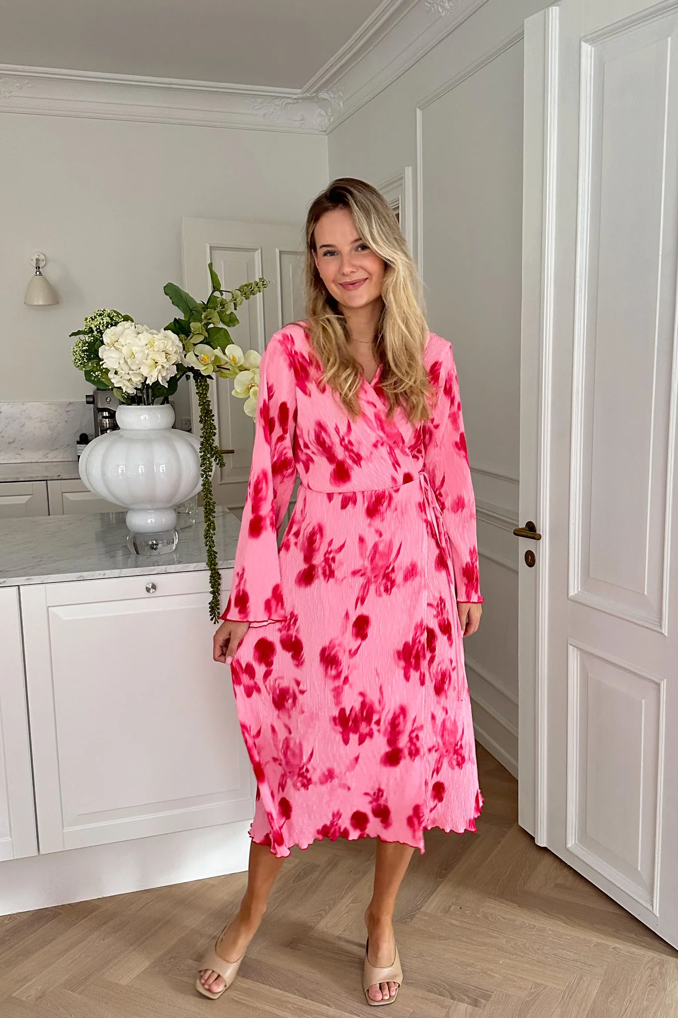 OfeliaIC Long Wrap Dress - Abstract Pink Flower Print - Image 4