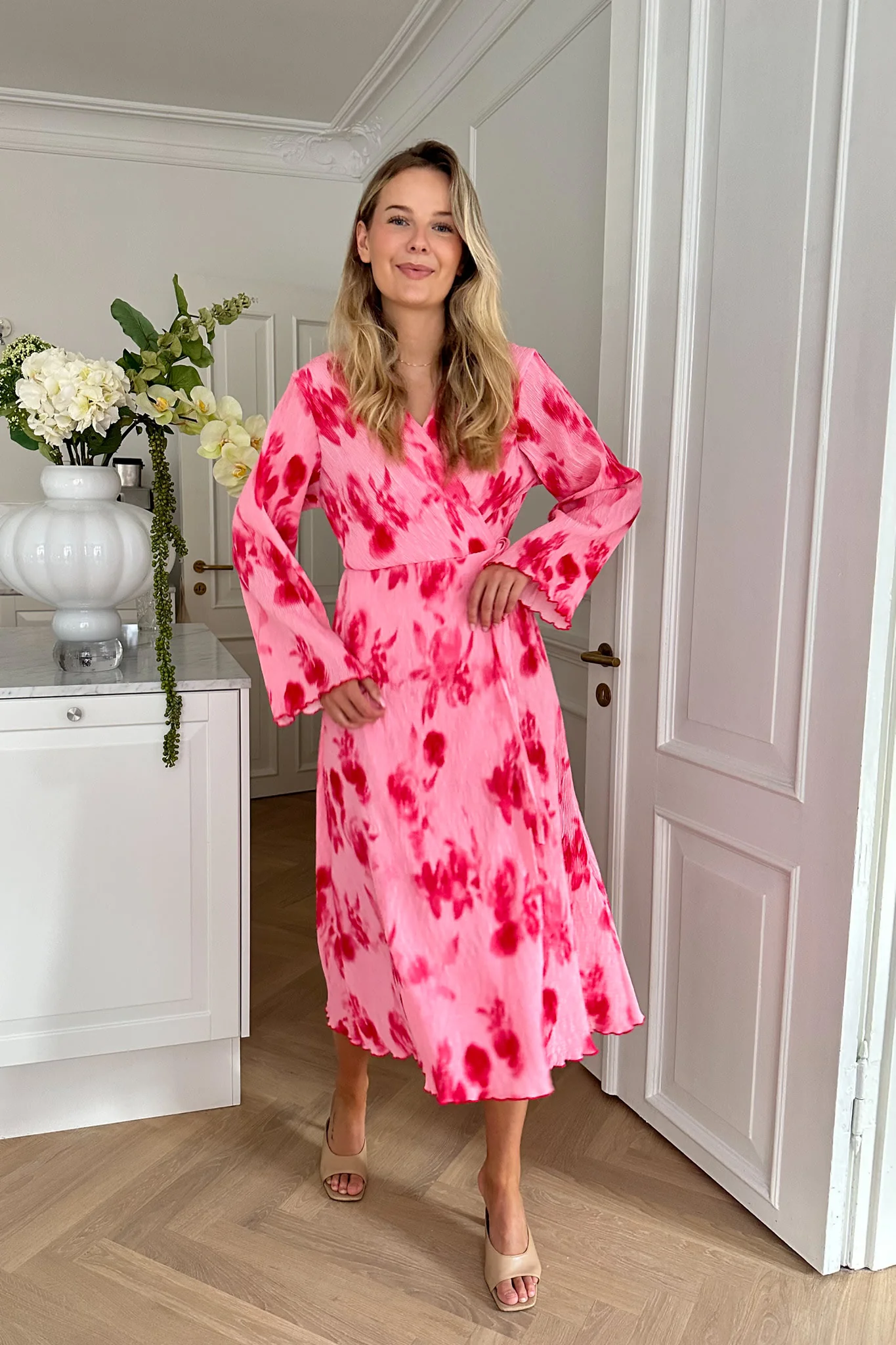 OfeliaIC Long Wrap Dress - Abstract Pink Flower Print - Image 5