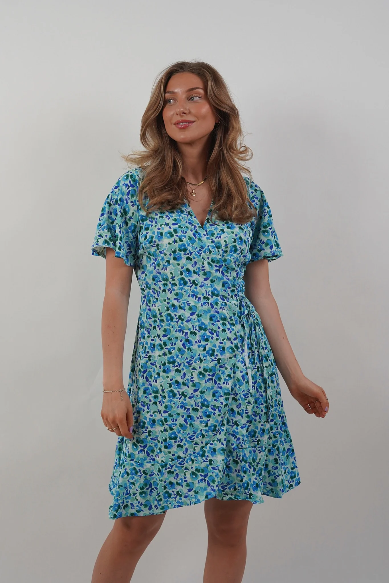OBJPapaya SS Wrap Ruffle Dress - Cloud Dancer Blue Floral - Image 2