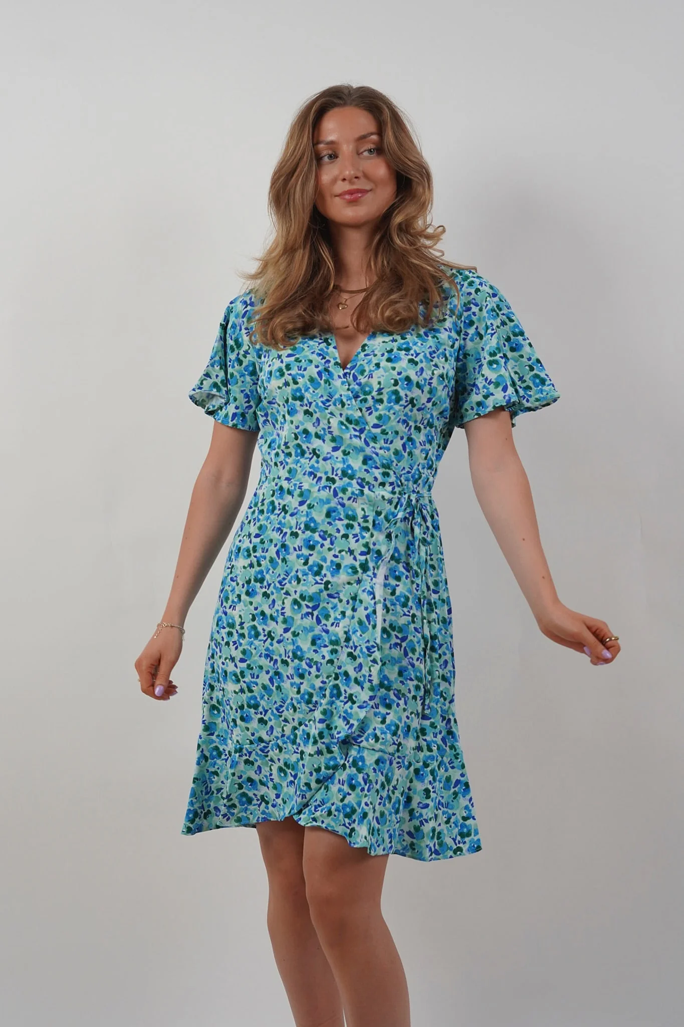 OBJPapaya SS Wrap Ruffle Dress - Cloud Dancer Blue Floral - Image 4