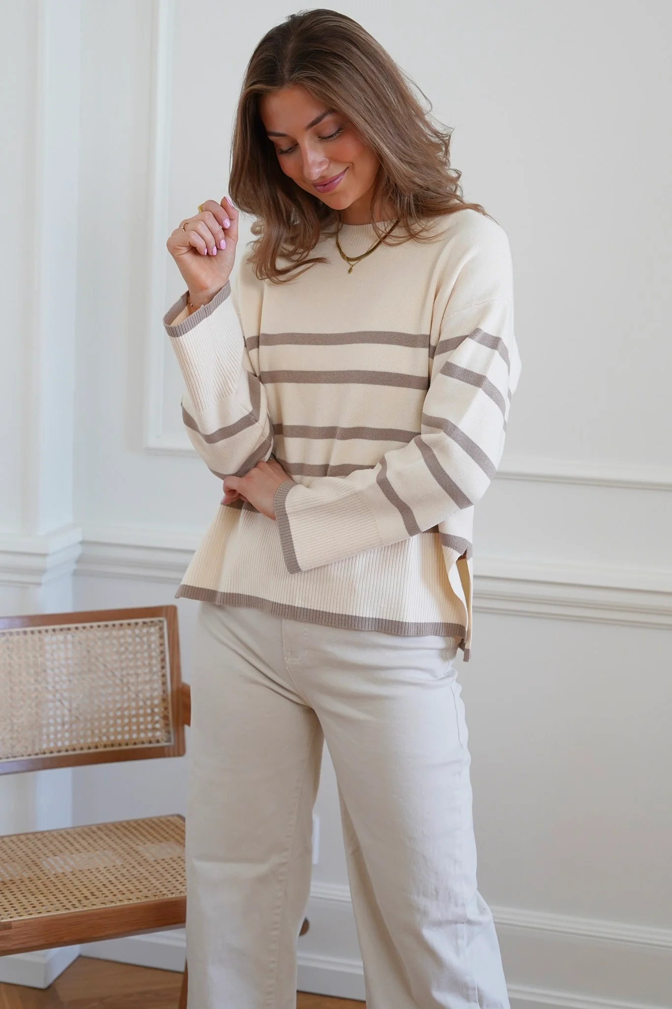 VMSaba LS Oneck Stripe Pullover - Birch With Silver Mink - Image 3