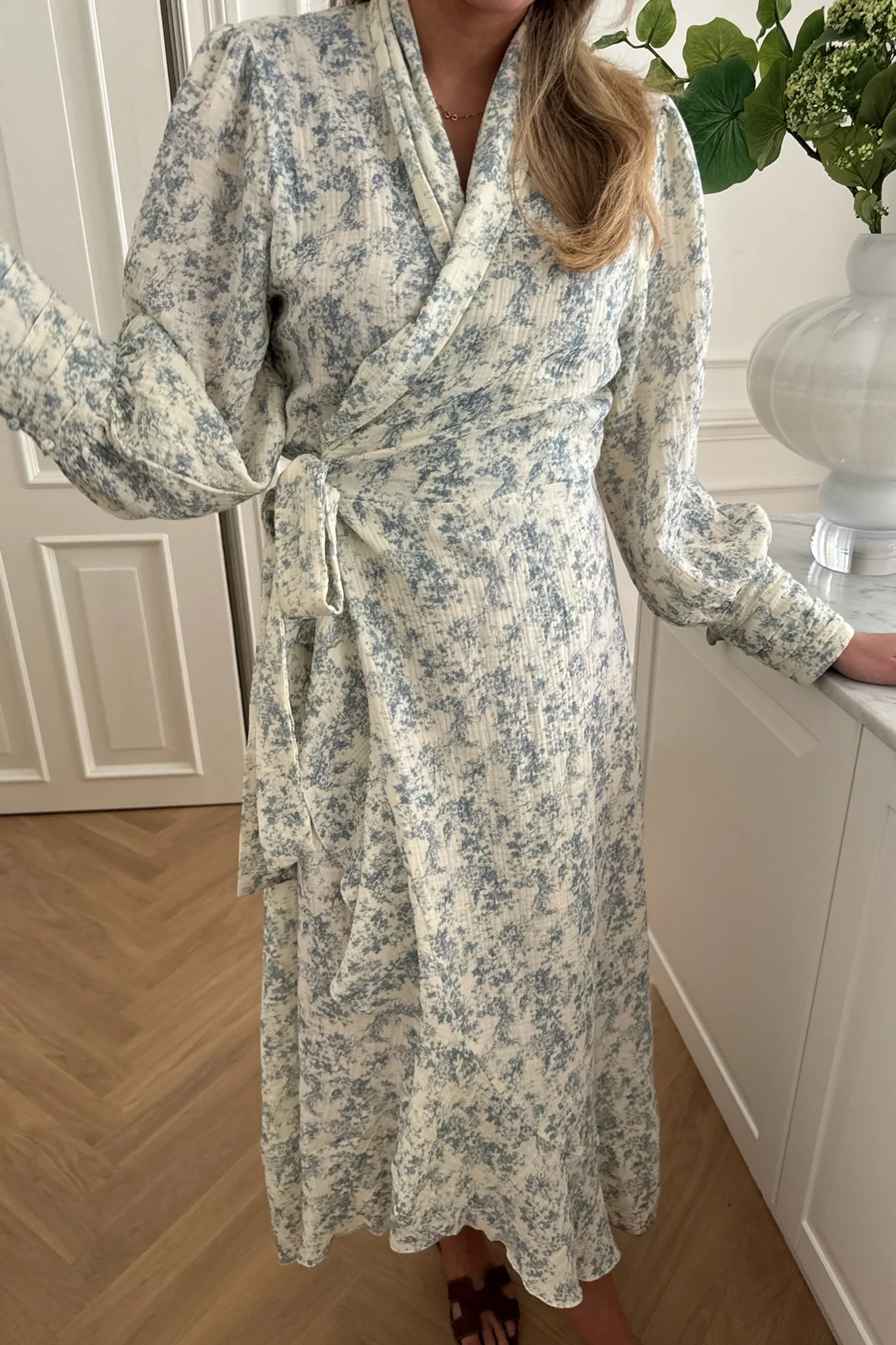 SigneIC Long Wrap Dress - White Blue Print - Image 4