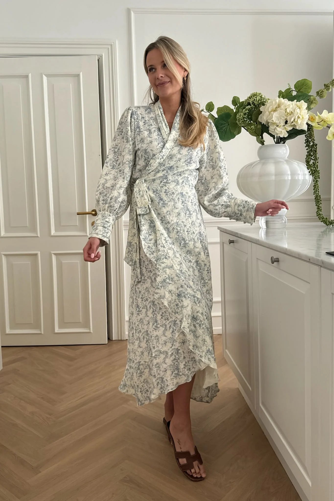 SigneIC Long Wrap Dress - White Blue Print - Image 5