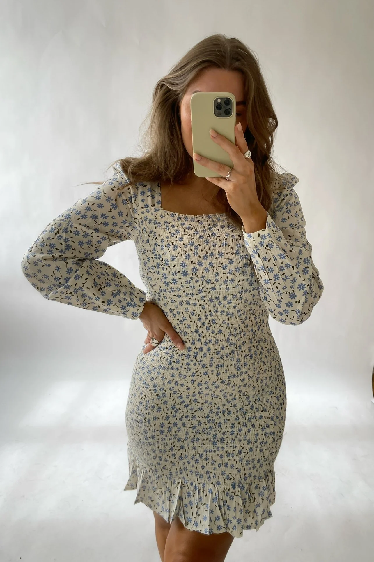NMTone LS Square Neck Smock Dress - Eggnog Blue Flowers - Image 2