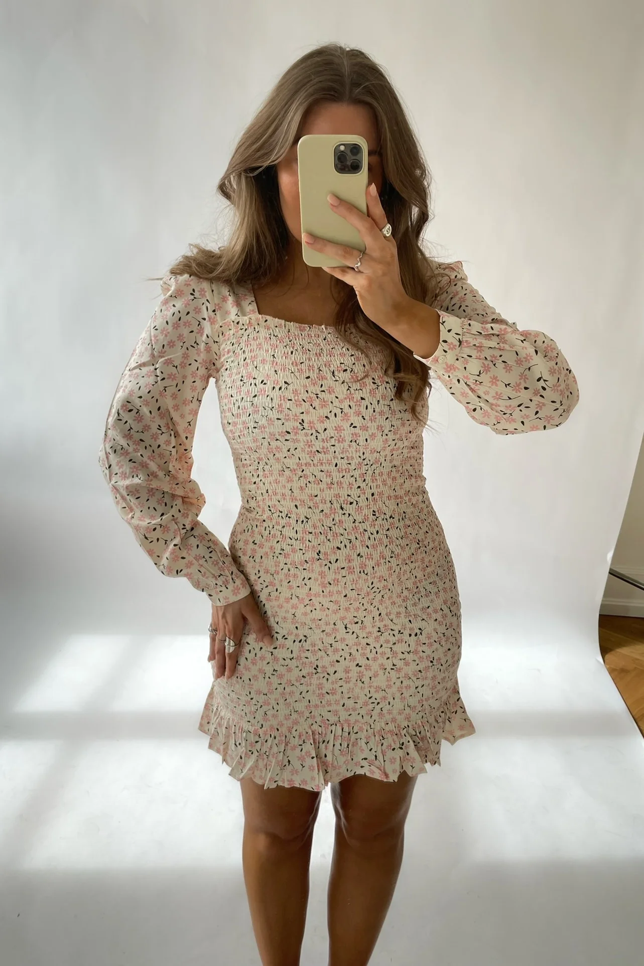 NMTone LS Square Neck Smock Dress - Eggnog Pink Flowers